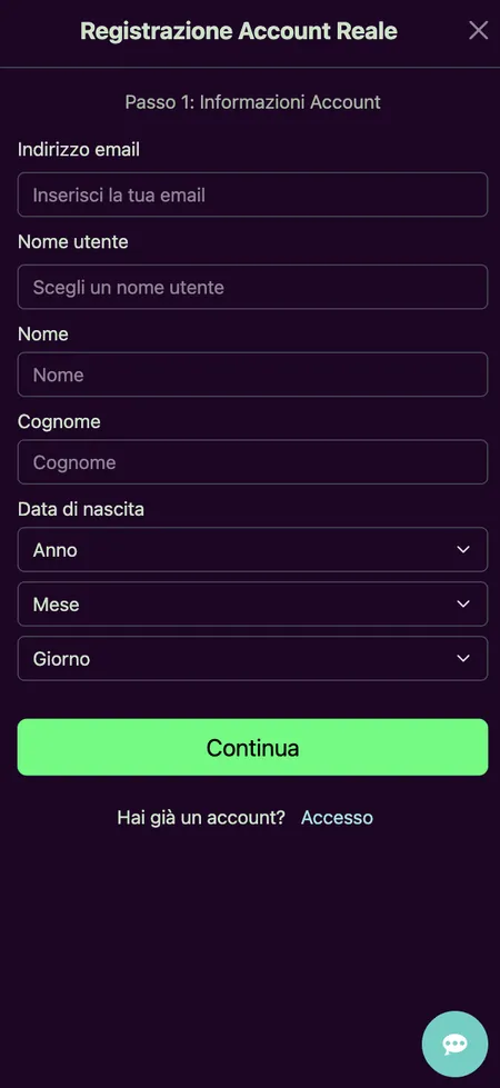 Modulo di registrazione Avantgarde Casino passo 1